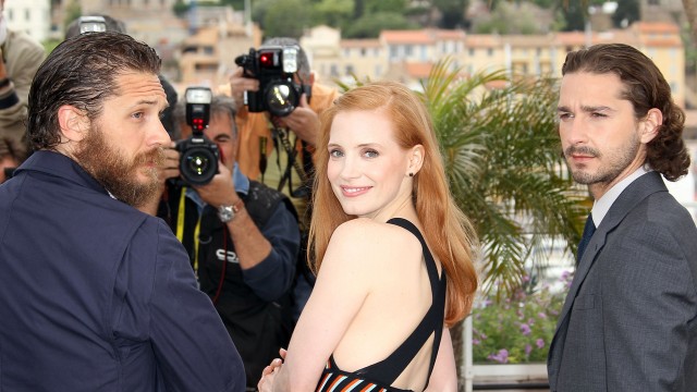 Tom Hardy, Jessica Chastain og Shia LaBeouf er også i Cannes med Lawless (Foto: AFP PHOTO / VALERY HACHE).