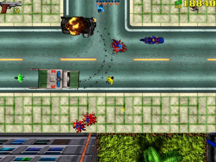 Friheten i det første «Grand Theft Auto»-spillet representerte et vendepunkt i spillbransjen. Mye kritikk ble rettet mot at spillskaperne belønnet spillere som kjørte over uskyldige fotgjengere – en mekaniske som er fjernet i de nye spillene. Skjermbilde fra 1997. (Foto: DMA Design / Rockstar)