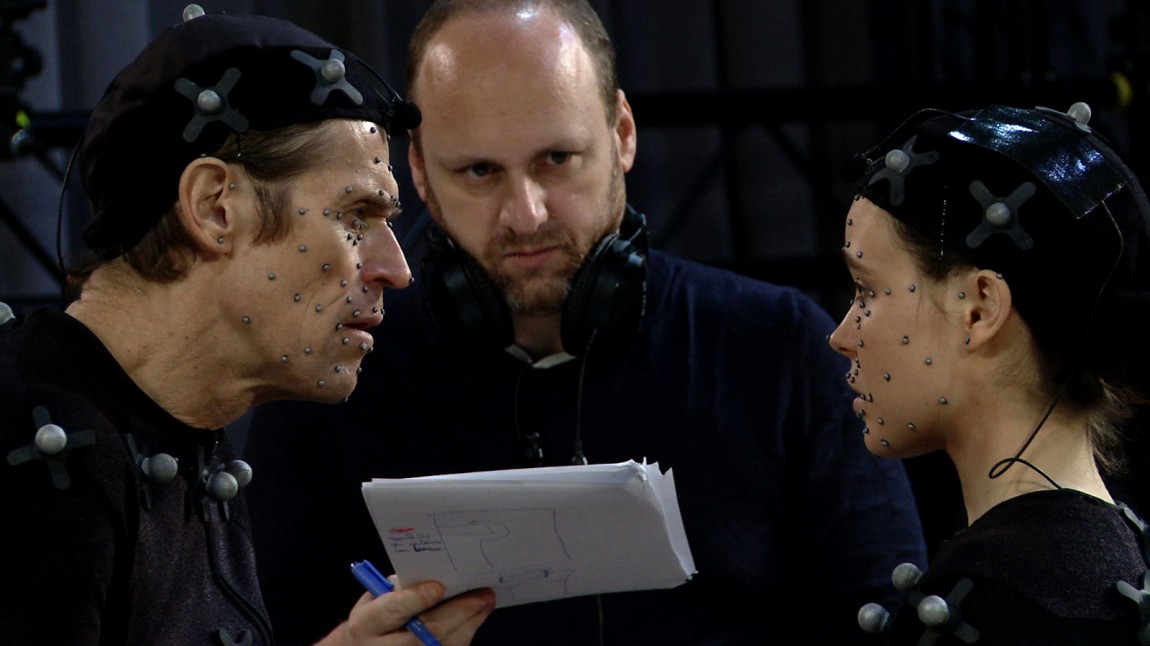 Promobilde fra settet til «Beyond: Two Souls». Fra venstre: Willem Dafoe, David Cage og Ellen Page. (Foto: Quantic Dream / SCEE)