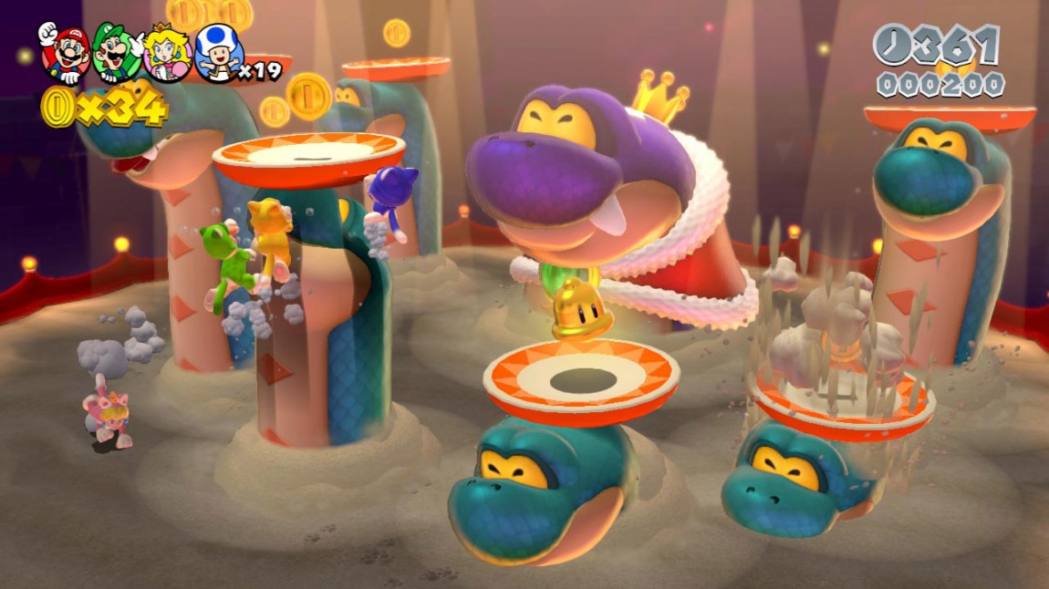 Med bjelleoppgraderingen får Mario og vennene på seg kattedrakter i «Super Mario 3D World». Å klore eller klatre oppover vegger og tårn åpner tidligere stengte deler av brettene for utforskning. (Foto: Nintendo)