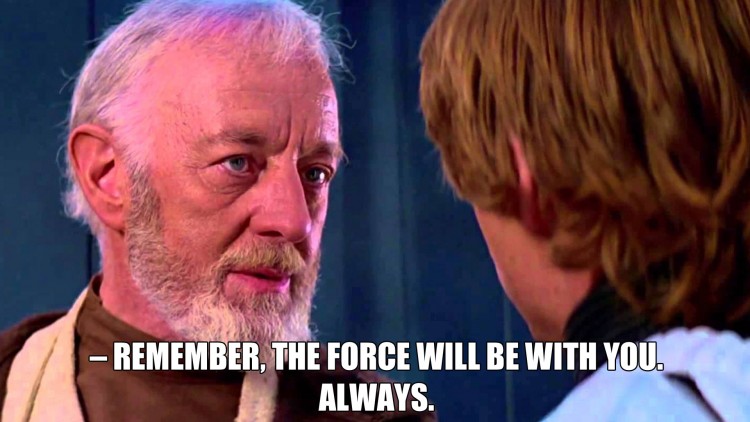 Obi-Wan Kenobi gir gode råd til Luke Skywalker før han forlater sin fysiske kropp og blir ett med kraften. (Foto: Lucasfilm / Disney).