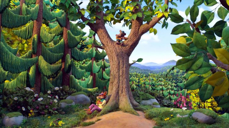 Mikkel Rev venter på at Klatremus skal komme ned fra treet i Dyrene i Hakkebakkeskogen. (Foto: SF Studios / Qvisten Animasjon)