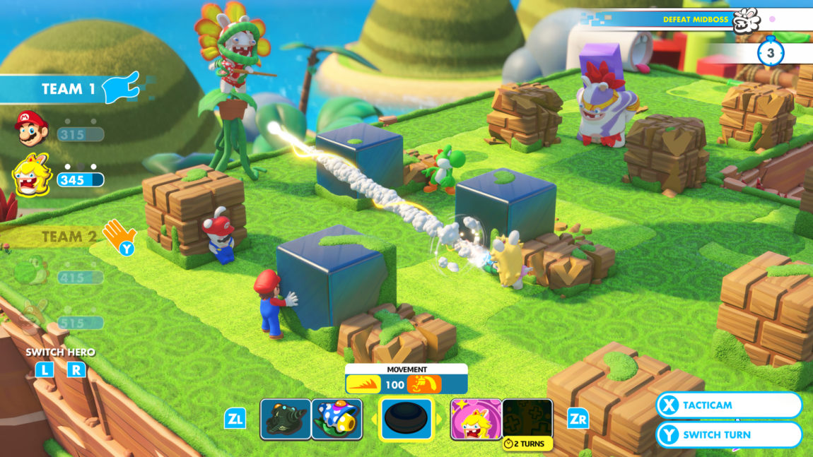 Å bruke omgivelsene til beskyttelse og strategisk overtak er nødvendig for å vinne i «Mario + Rabbids Kingdom Battle». (Foto: Ubisoft / Nintendo)