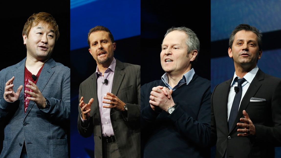 Fra venstre: Activision-sjef Eric Hirshberg, Sonys underholdningssjef Andrew House, Ubisoft-sjef Yves Guillemot og Capcom-sjef  Yoshinori Ono. (Foto: REUTERS/Brendan McDermid - Montasje: NRK)