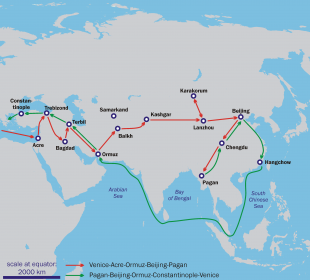 Marco Polo reiste over 24 000 kilometer på sine turar fram og tilbake mellom Asia og Europa. (Foto: Wikimedia Commons, via cc-by-sa-lisens: http://creativecommons.org/licenses/by-sa/3.0/deed.en )