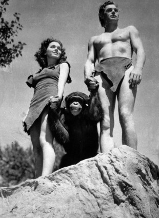 Johnny Weissmuller, som Tarzan, Maureen O'Sullivan som Jane, og sjimpansen Cheetah, i Tarzan the Ape Man fra 1932. (Foto:  AP Photo/ho, File).