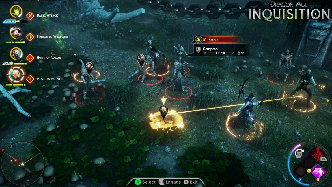 Et knappetrykk setter «Dragon Age: Inquisition» på pause og zoomer ut til et taktisk overblikk over slagmarken. Her kan du planlegge dine angrep og bevegelser for å overvinne fiender. Skjermbilde fra Xbox One-utgaven av spillet. (Promofoto: EA / Bioware)