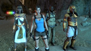 Lara Croft og rivalen Carter må samarbeide, i lag med gudene Isis og Horus, for å overvinne Osiris-tempelets hemmeligheter. Skjermbilde fra «Lara Croft and the Temple of Osiris». (Foto: Square Enix)