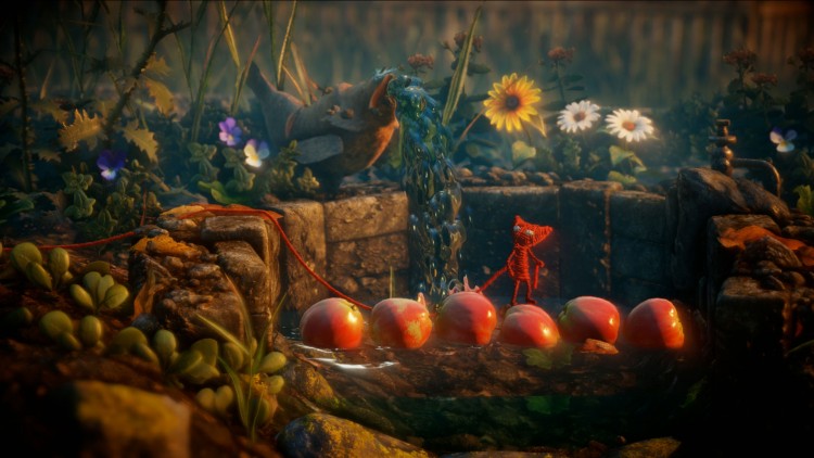 Yarny er ikke glad i vann. Garnet blir tungt når det blir vått, og hvis han ramler i vannet vil han til slutt synke. (Foto: Electronic Arts).