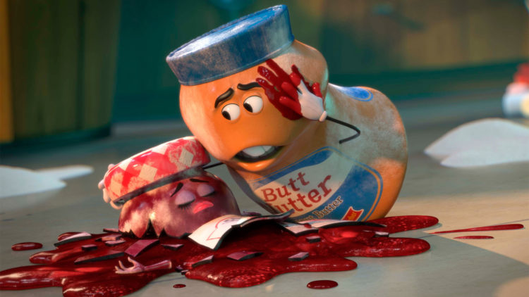 Peanøttsmøret mister kona, syltetøyet, i en tragisk ulykke i Sausage Party. (Foto: United International Pictures).