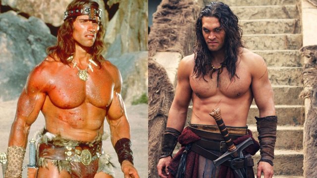 Conan i gammel og ny utgave. T.v. Arnold Schwarzenegger, t.h. Jason Momoa. (Foto: Universal Pictures, Lionsgate).