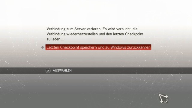 Denne feilbeskjeden fikk en tysk spiller da han mistet tilkoblingen til serverne i Assassins Creed 2 (Foto hentet fra: http://www.texturmatsch.de/wp-content/uploads/2010/04/ac2_ubisoft_drm_serverdown.jpg)