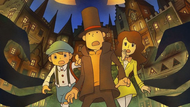 Professor Layton (i midten) flankert av sin gode hjelper Luke Triton (til venstre) og assistenten Emmy Altava (til høyre). (Foto: Level 5)