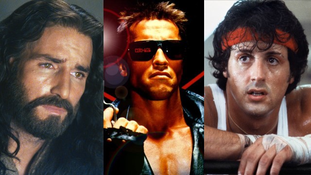 Jim Caviezel i rollen som Jesus, Arnold Schwarzenegger i rollen som Terminator og Sylvester Stallone i rollen som Rocky. (Fotomontasje: NRK / Foto: Scanbox/SF Norge Video)