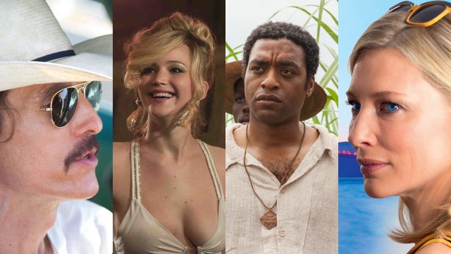 Fra venstre: Matthew McConaughey i «Dallas Buyers Club», Jennifer Lawrence i «American Hustle», Chiwetel Ejiofor i «12 Years a Slave» og Cate Blanchett i «Blue Jasmine». (Fotomontasje: NRK)