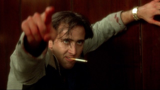 Nicolas Cage i en berømt scene fra filmen «Wild at Heart» (1990) hvor hans dramatiske spillestil kommer tydelig frem. (Foto: The Samuel Goldwyn Company)