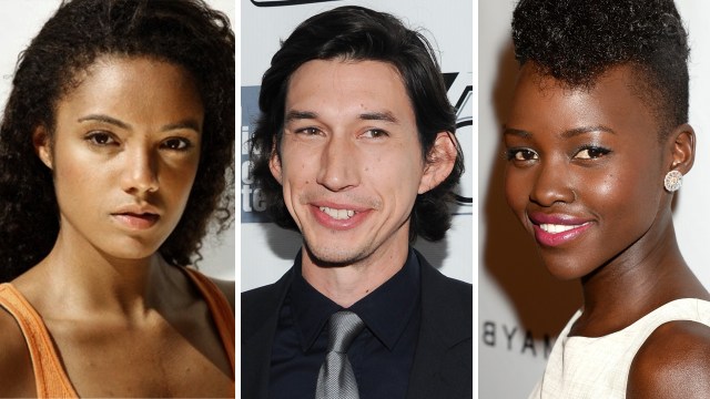 Fra venstre: Maisie Richardson-Sellers, Adam Driver og Lupita Nyong'o. (Foto: Jason Merritt/Getty Images for Marie Claire/AFP og Evan Agostini/Invision/AP)