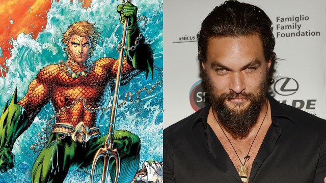 DC Comics superhelten Aquaman vil nok få en annen drakt når Jason Momoa (høyre) inntar rollen i Zack Snyders kommende filmer. (Foto: DC Comics og Gustavo Caballero/Getty Images for 2014 Sarasota Film Festival/AFP)