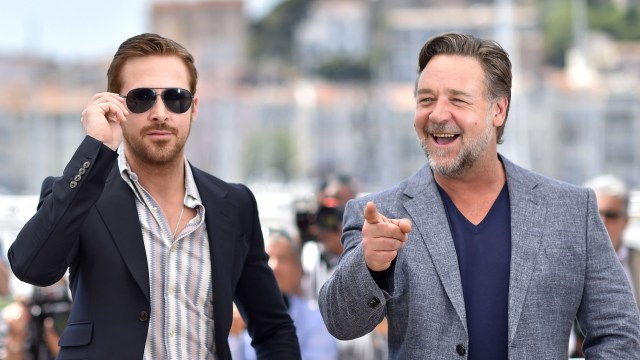 Ryan Gosling og Russell Crowe er i Cannes for å vise The Nice Guys (Foto: AFP PHOTO / LOIC VENANCE).
