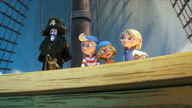 Kaptein Sabeltann, Pinky, Marco og Sunniva seiler av sted i «Kaptein Sabeltann og Den Magiske Diamant». (Foto: Qvisten Animasjon / Nordisk Film Distribusjon)