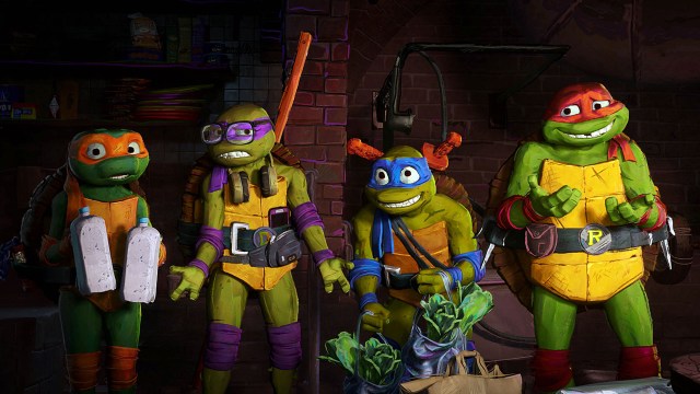SKILPADDEBRØDRE: Mikey, Donnie, Leo og Raph i «Teenage Mutant Ninja Turtles: Mutant Mayhem». Foto: ©2023 Paramount Pictures. TEENAGE MUTANT NINJA TURTLES is a trademark of Viacom International Inc.