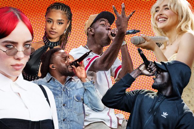 En collage av Billie Eilish, Sabrina Carpenter, Stormzy, Shaboozey og Tyler, The Creator. Alle holder en mikrofon på ulike måter og synger. Bak dem er det en orange prikkete bakgrunn.