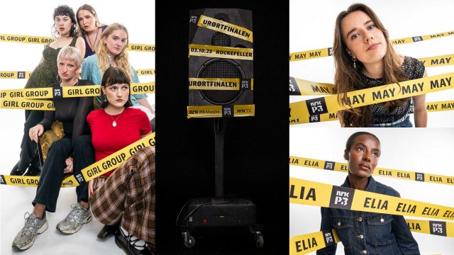 En collage av alle årets urørt-finalister. Til venstre ser vi Girl Group som poserer som noen dronninger. I midten ser vi en svart høytaler som er surret inn i gule sperrebånd. Til høyre ser vi May oppe og Elia nede.