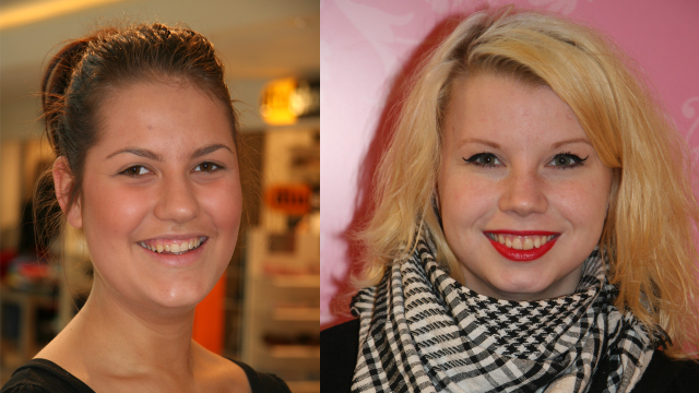 Hverken Adelina Llapjani (20) eller Emilie Lyse Olsen (16) har problemer med å velge artister til å lage en bra veldedighetslåt. (Foto: Kristin Evensen Giæver, NRK).