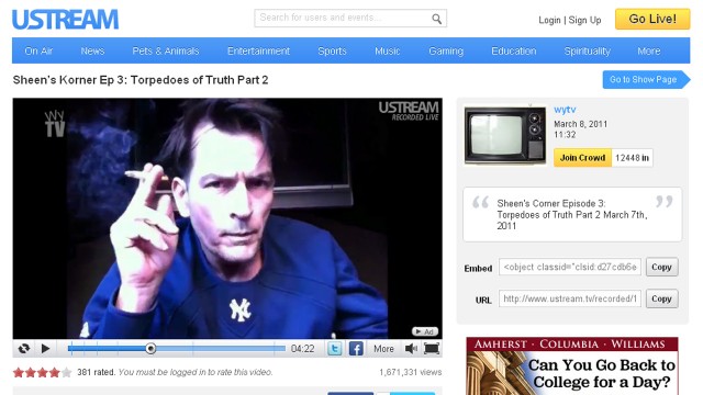 Charlie Sheen er ikke redd for å vise de noe mer slitne sidene av seg selv. (Skjermdump: ustream.com)