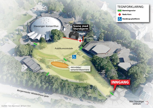 Kart over konsertområdet i Stavanger. (Grafikk: Tom Buermoen, 3D-kart: Finn)