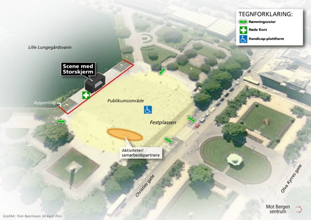 Kart over konsertområdet i Bergen. (Grafikk: Tom Buermoen, 3D-kart: Finn)