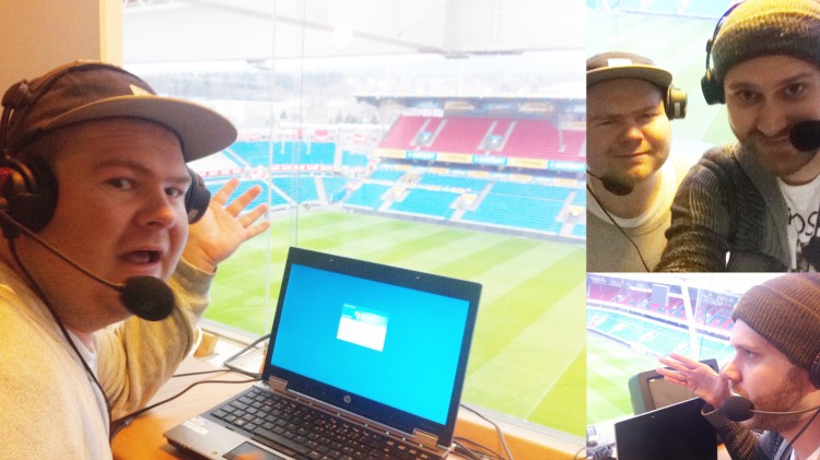 Sven og Ken tester kommentatorbua på Ullevaal stadion (Foto: Sven Bisgaard Sundet/Ken Wasenius-Nilsen, NRK P3).