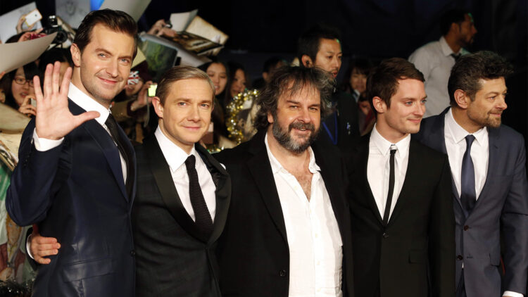 Fra venstre: Richard Armitage, Martin Freeman, Peter Jackson, Elijah Wood, og Andy Serkis, under filmpremiere på «Hobbiten: En uventet reise» i Tokyo. (AP Photo/Koji Sasahara)