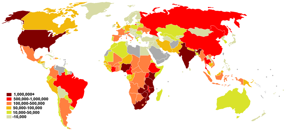 Oversikt over mennesker som lever med hiv og AIDS. (Kilde: UNAIDS 2008 global report / Wikipedia)