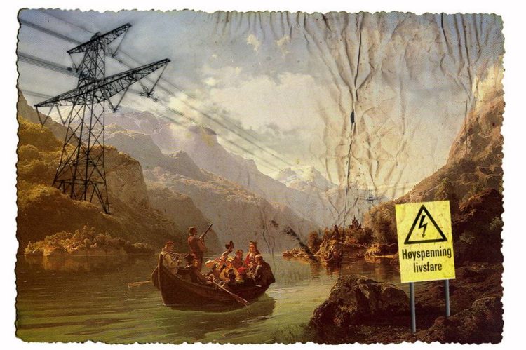 Organisasjonen Bevar Hardanger har manipulert det kjente maleriet "Brudeferd i Hardanger" (1848) av Tidemand og Gude, for å vise sin skrekkvisjon av hvordan kraftlinjer vil prege Hardangerfjorden. (Foto: Bevar Hardanger)