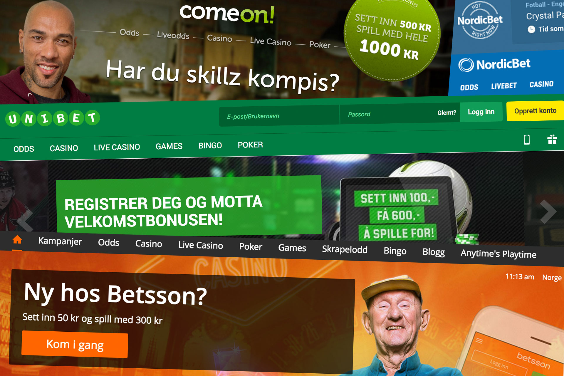 Unibet/Kindred Group, Betsson og ComeOn! har alle en haug med norske kunder i stallen. Foto/Kollasje: Faksimile/Martin Aas, NRK P3