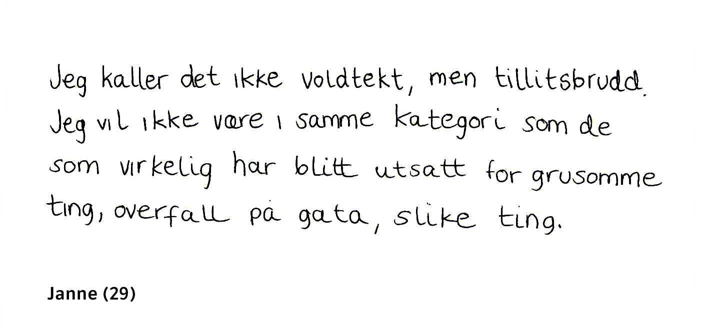 Jeg kaller det ikke voldtekt, men tillitsbrudd. Jeg vil ikke være i samme kategori som de som virkelig har blitt utsatt for grusomme ting, overfall på gata, slike ting. Janne (29)