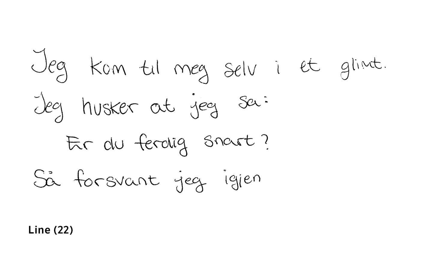 Jeg kom til meg selv i et glimt. Jeg husker at jeg sa:  Er du ferdig snart? Så forsvant jeg igjen. Line (22)