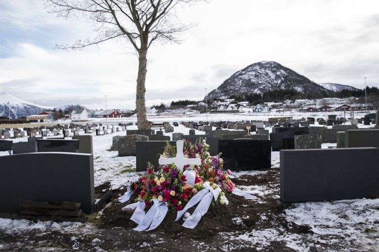 Et fjell med snø og trær i bakgrunnen til høyre. Et vissent tre til venstre, og foran det en haug med svarte gravstøtter. I midten ligger en ny grav, med et hvitt trekors og blomster i rosa, rødt, hvitt og oransje.