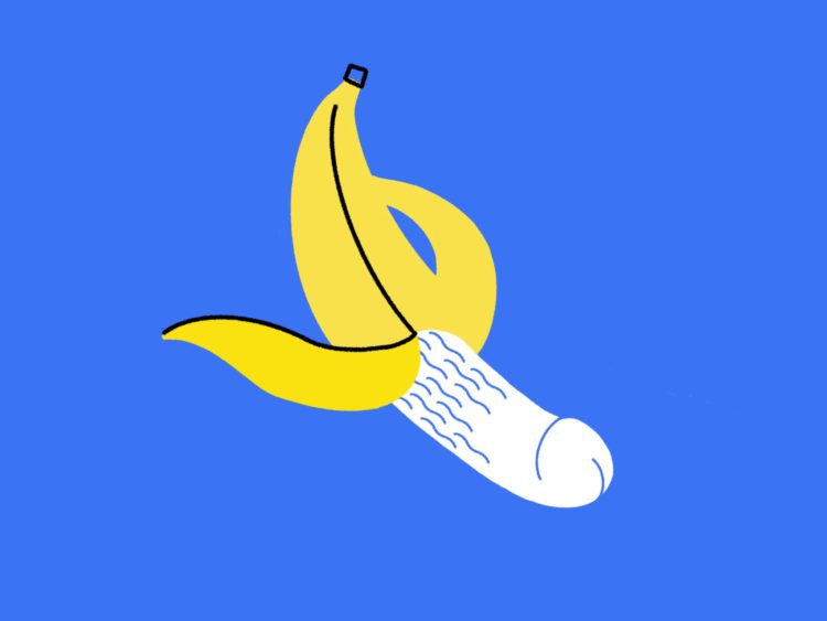 Illustrasjon av en halvskrellet banan, der selve bananen ligner en penis. Skallet er gult, og bakgrunnen er blå. 