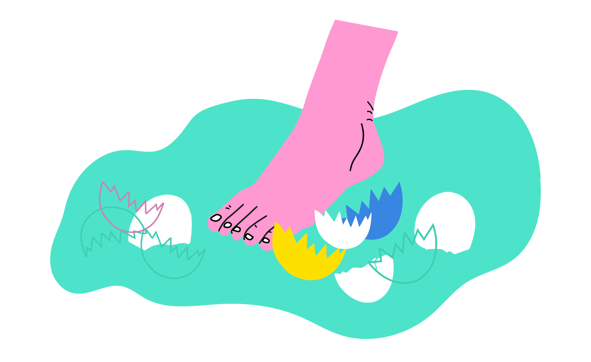 Teikning av ein rosa fot som trår forsiktig på golvet. Rundt ligg mange knuste eggeskal i forskjellig fargar. Bakgrunnen er grøn.
