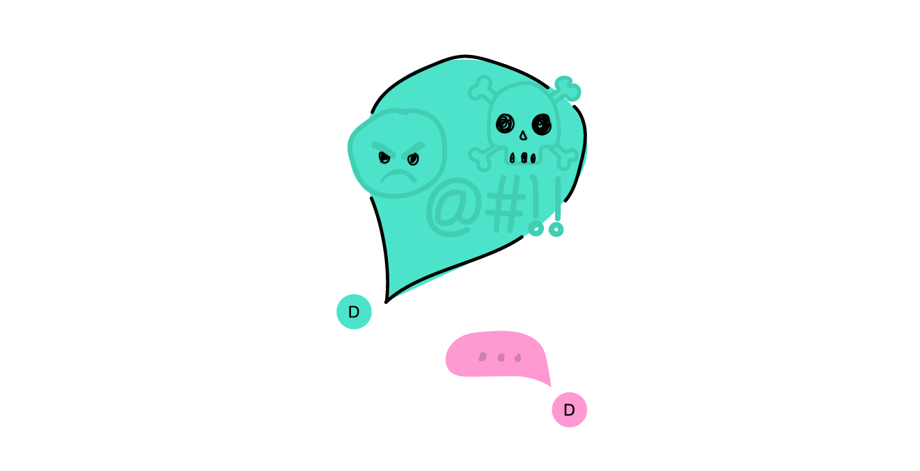 Teikning av ei grøn meldingsboble med sint emoji, daudinghovud, utropsteikn og svart sky. I andre enden ser ein ei rosa meldingsboble med prikkar i, som viser at nokon skriv eit svar.