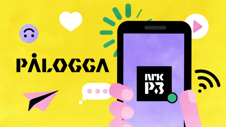 Illustrasjon av en hånd som holder en mobil, med P3-logo. Ved siden av står «Pålogga» skrevet i fete bokstaver.