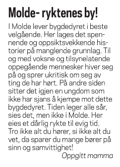 Skjermdump av leserinnlegg: Molde- ryktenes by!