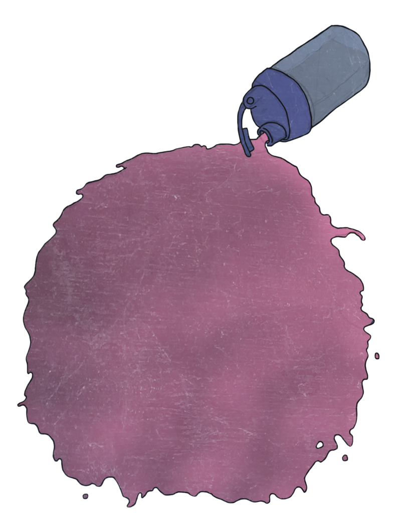 Illustrasjon av en flaske som ligger på bakken med lilla innhold som flyter ut av den. Det skal forestille en proteinshake i en typisk flaske som kan ristes og som brukes til trening. 