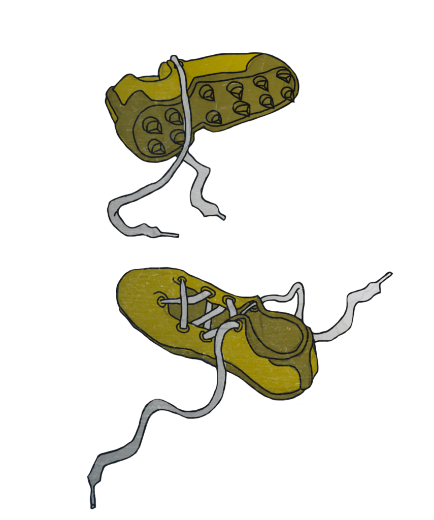 Illustrasjon av to gule fotballsko som er slengt på bakken. Du kan se hvite lisser som ligger rundt skoene og piggene under den ene skoen som ligger over den andre. 