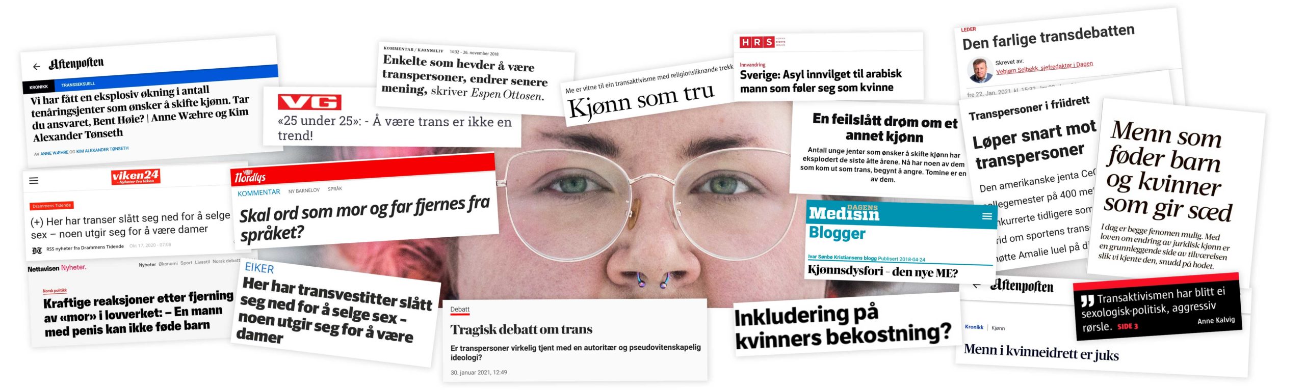 Kollasj: Med øynene og nesen til Jane i sentrum, er portrettet tildekket av en rekke avistitler som: «Enkelte som hevder å være transpersoner, endrer senere mening», «Transaktivismen har blitt ei sexologisk-politisk, aggresiv rørsle», «Inkludering på kvinners bekostning». Kollasjet illustrerer at transpersoner drukner i skadelig retorikk i transdebatten.