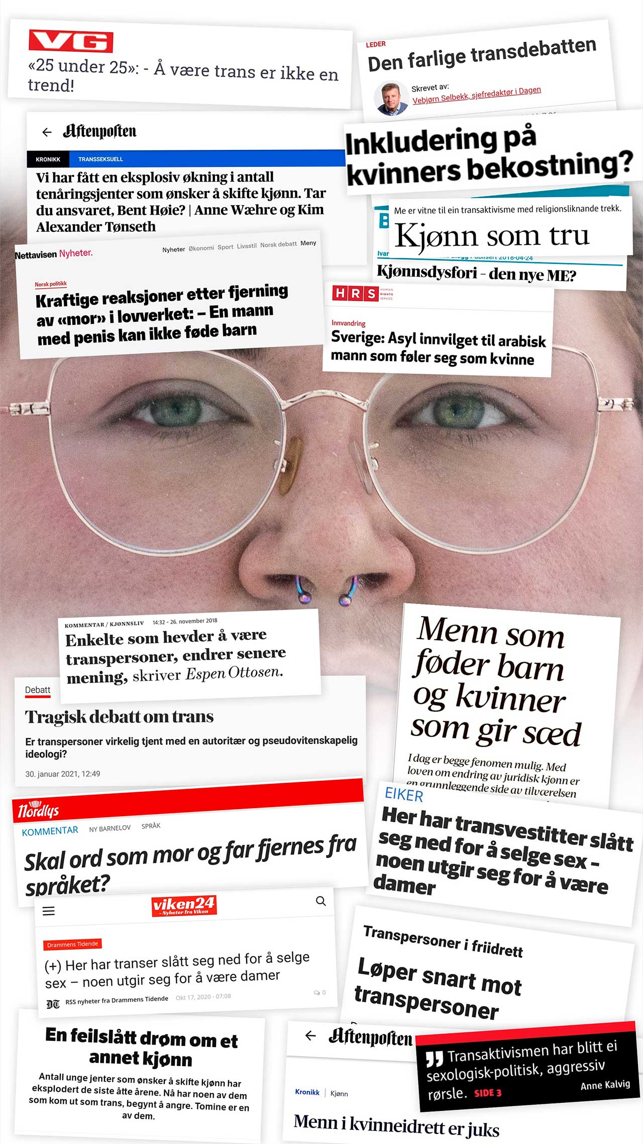 Kollasj: Med øynene og nesen til Jane i sentrum, er portrettet tildekket av en rekke avistitler som: «Enkelte som hevder å være transpersoner, endrer senere mening», «Transaktivismen har blitt ei sexologisk-politisk, aggresiv rørsle», «Inkludering på kvinners bekostning». Kollasjet illustrerer at transpersoner drukner i skadelig retorikk i transdebatten.