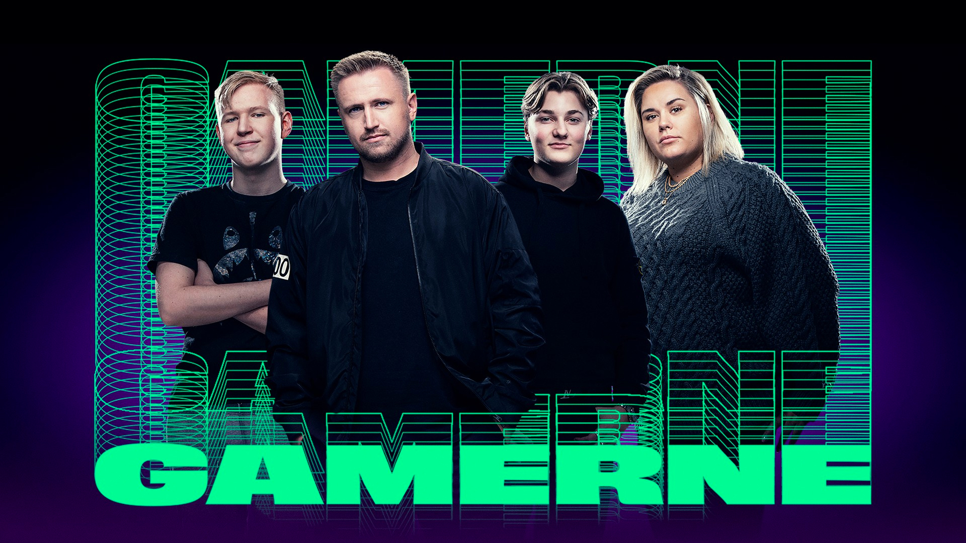 Et bilde av hovedpersonene i NRK-serien «Gamerne» og logoen til serien.
