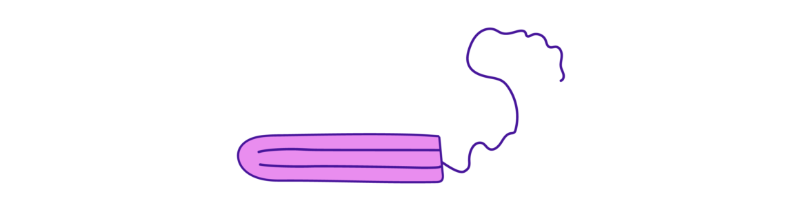 Illustrasjon av en tampong. Det er en tegning på hvit bakgrunn, tampongen er lilla med en lilla tråd som snirkler seg ut bak den. 